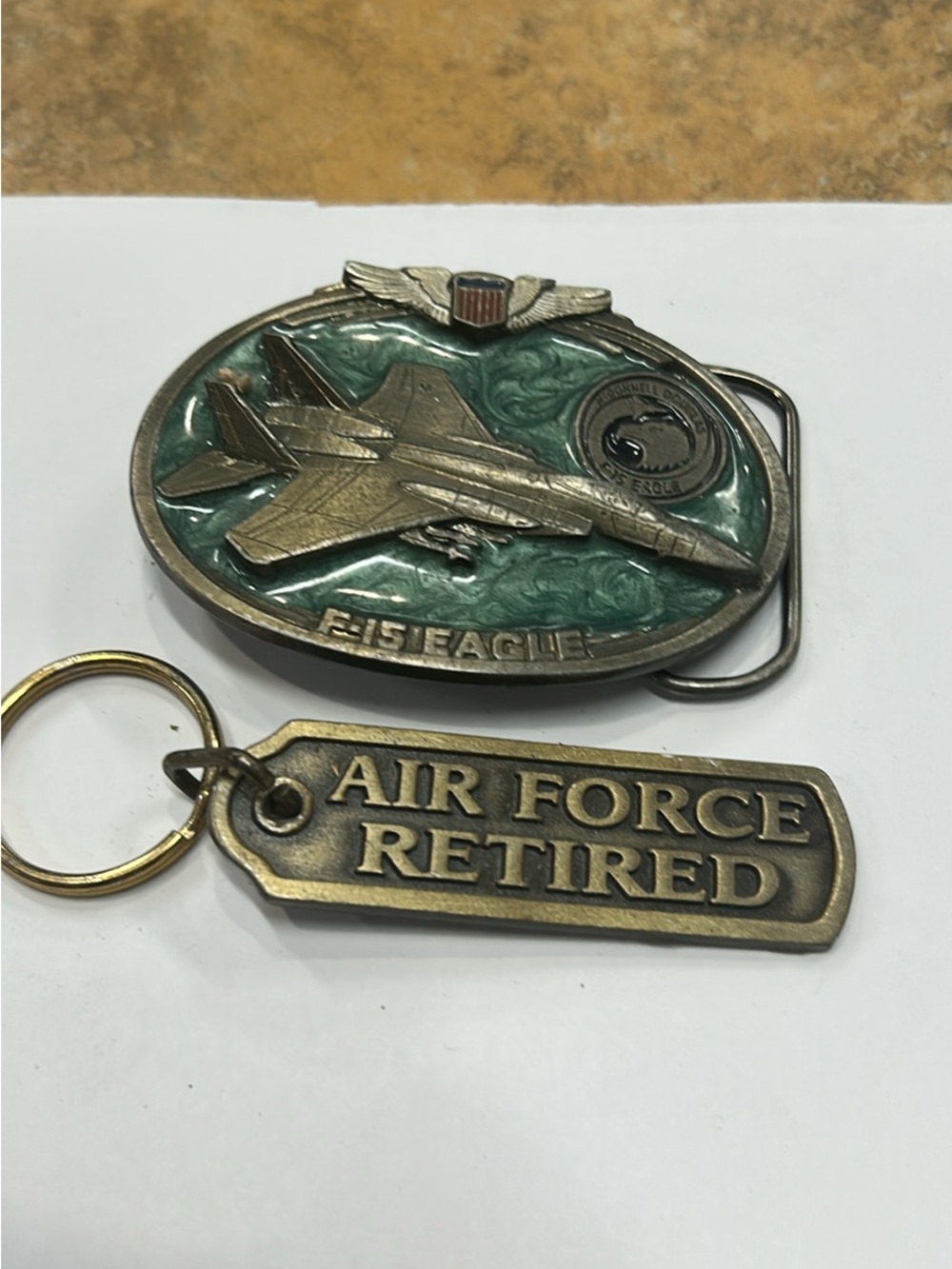 Air Force Retired Brass Keychain and Military Belt Buckle - Green Accent